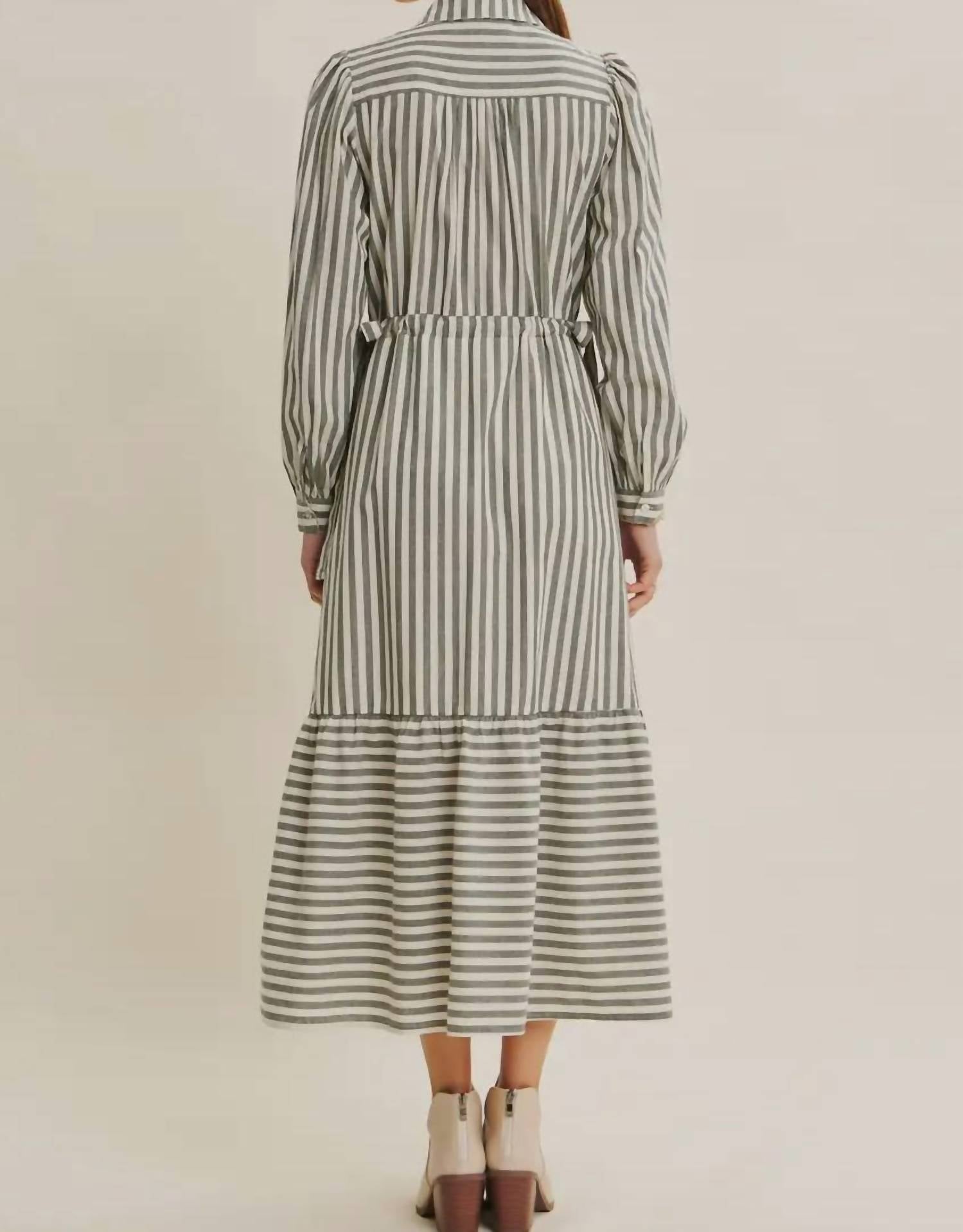 In February Bostyn Stripe Long Sleeve Maxi Dress in dark green - women's dress - detail view