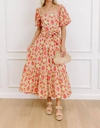 Peach Love - Floral Tiered Scalloped Belt Maxi Dress
