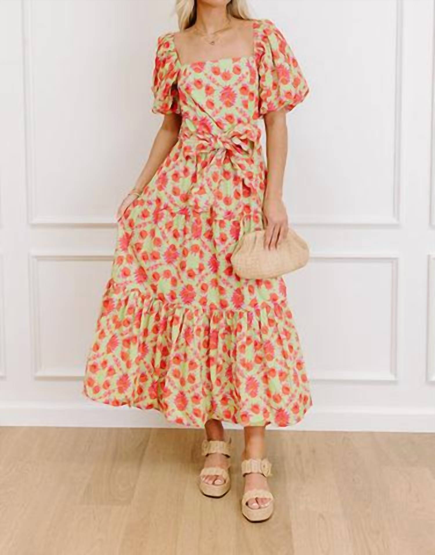 Peach Love - Floral Tiered Scalloped Belt Maxi Dress