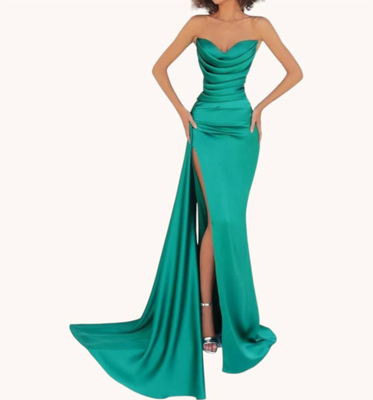 Tarik Ediz - Strapless Draped Cowl Satin High Slit Gown