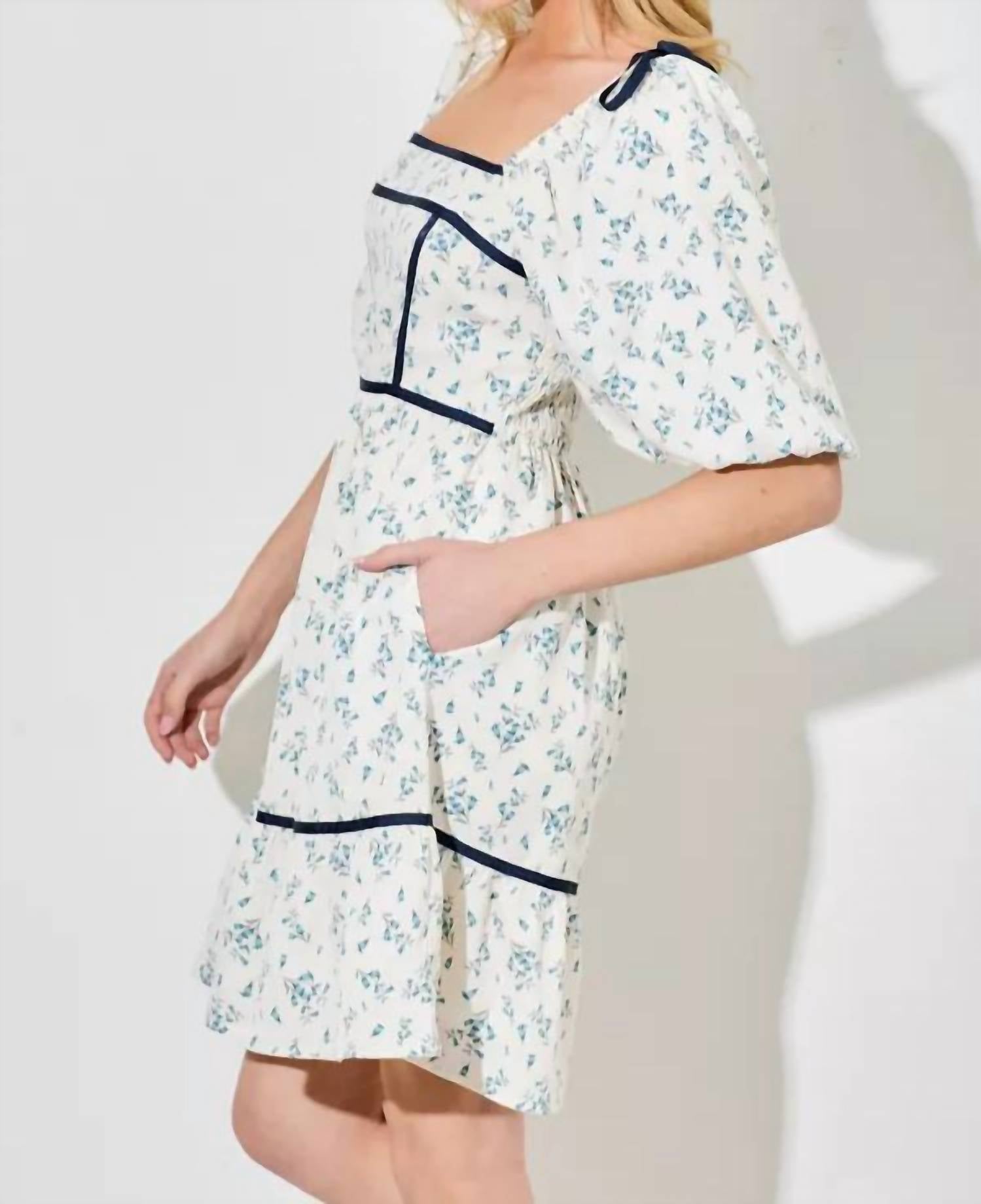 Polagram - Women's Floral Square Neck Bubble Sleeve Mini Dress