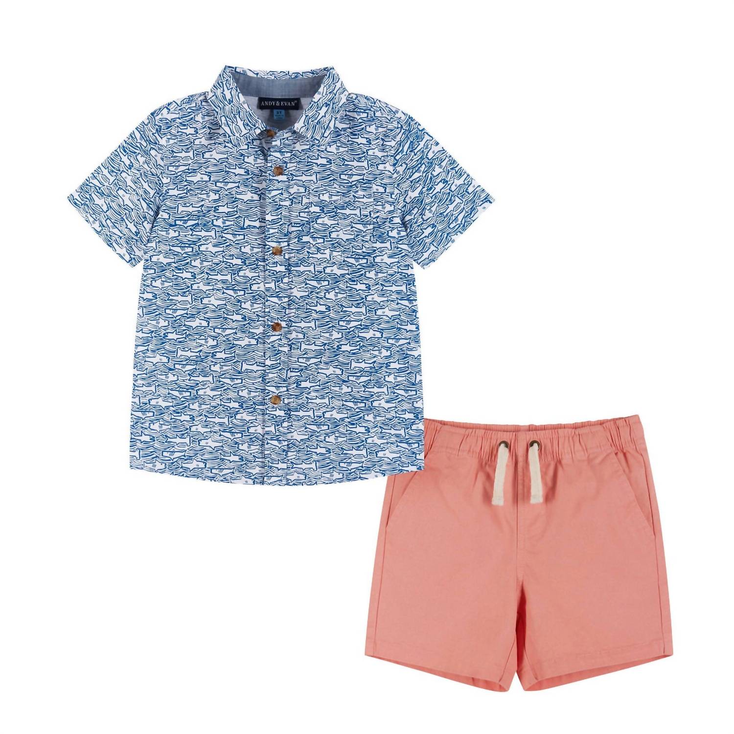 Andy & Evan Boys Shark Print Button-down And Short Set in blue - item
