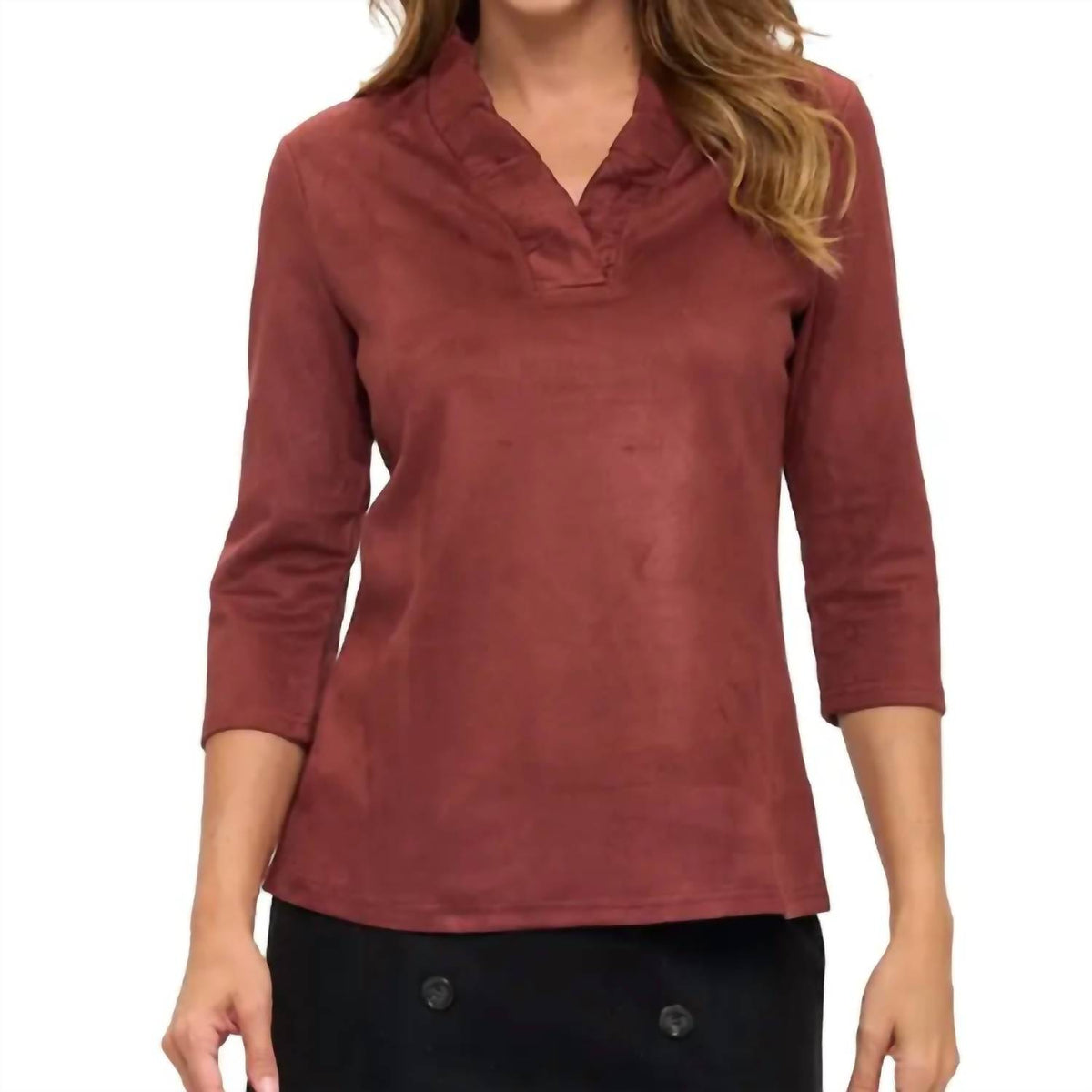 Aryeh - Women's Tabatha Ruffle Neck Suede Top