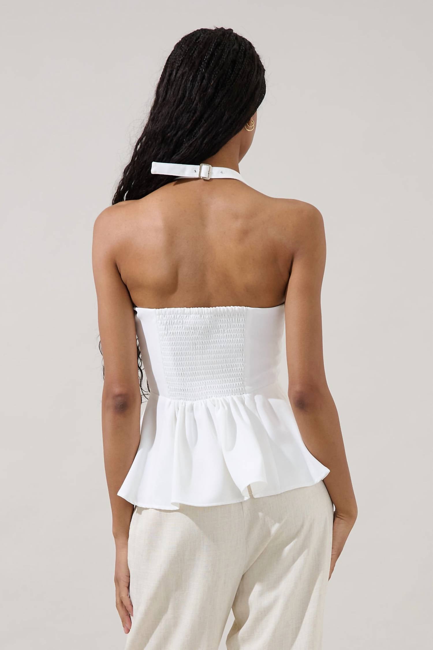SUGARLIPS Karmina Peplum Halter Neck Top in off white - women's blouse - detail view
