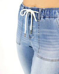 Grace and Lace Women's Denim Joggers in light mid wash - women's pants - detail view