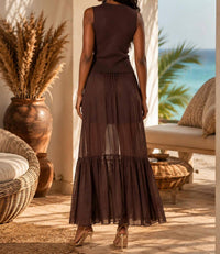 Surelymine - Sheer Maxi Skirt & Knit Vest Two-Piece Set