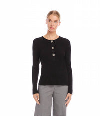 Karen Kane - Landry Long Sleeve Ribbed Flower Button Detail Top