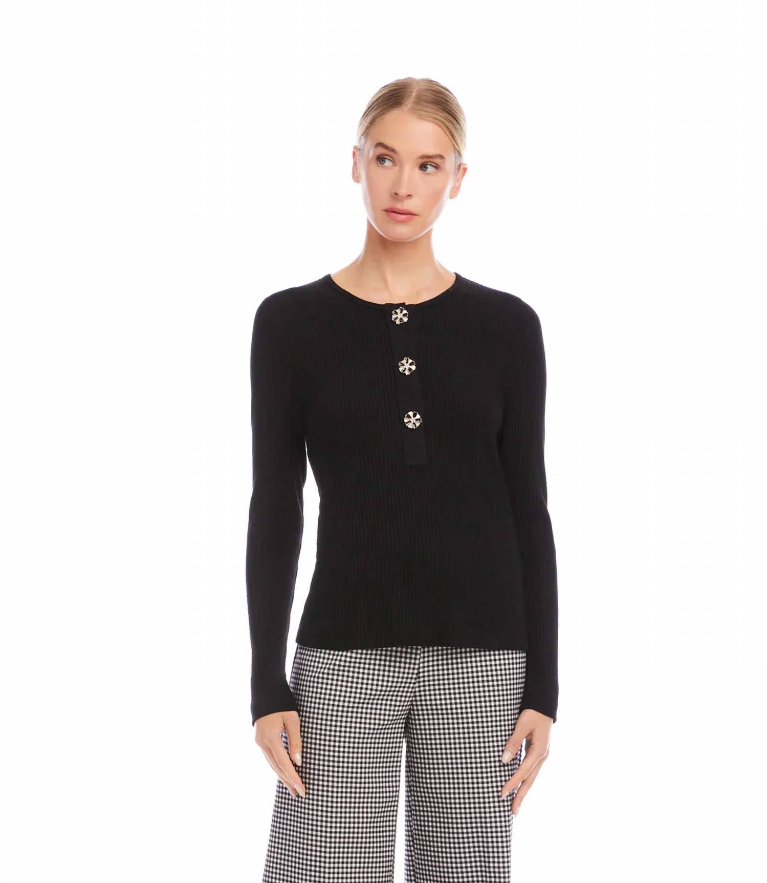 Karen Kane - Landry Long Sleeve Ribbed Flower Button Detail Top