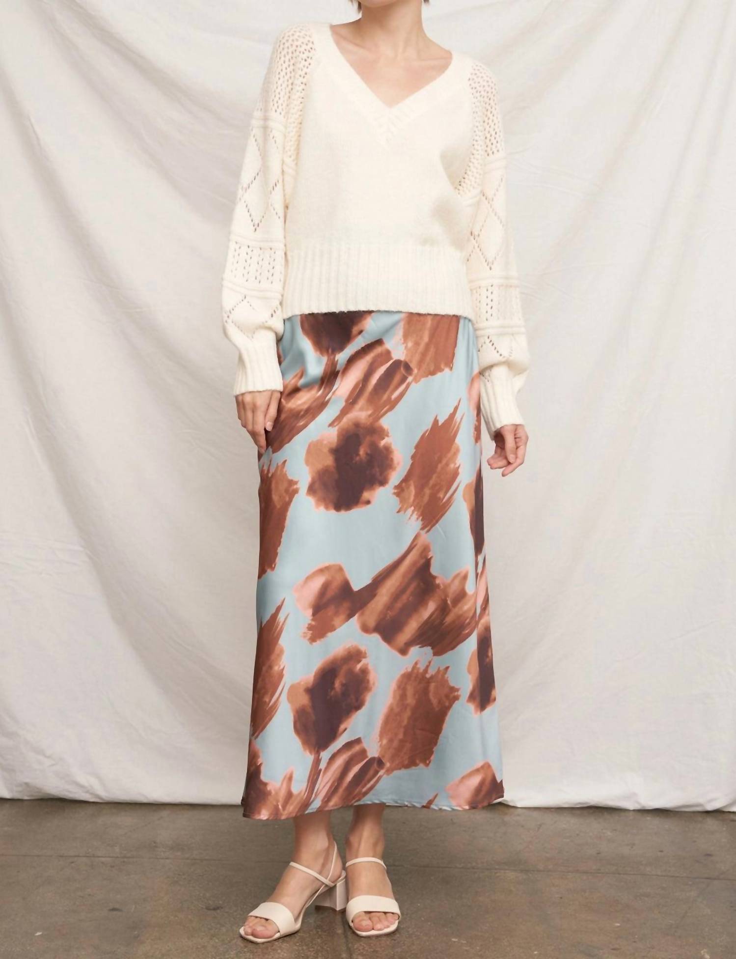 EN CREME Abstract Satin Maxi Skirt in blue - women's skirt