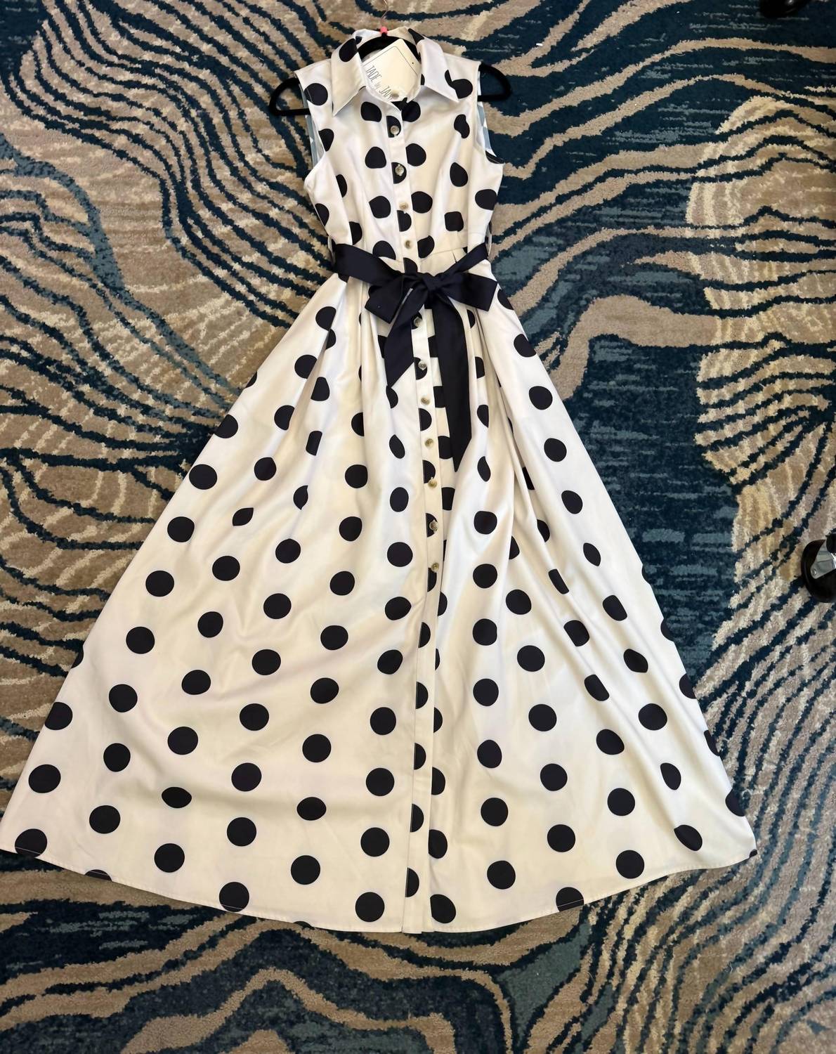 Jade By Jane - Polka Dot Button Down Belted Sleeveless Shirt Dress