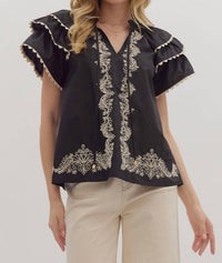 Entro - Scalloped Flutter Sleeve V Neck Top