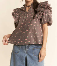 Davi & Dani - Contrast Edge Ruffle Puff Sleeve Blouse Top