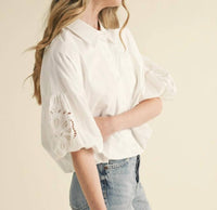 Merci - Cut Out Embroidered Bubble Sleeve Top