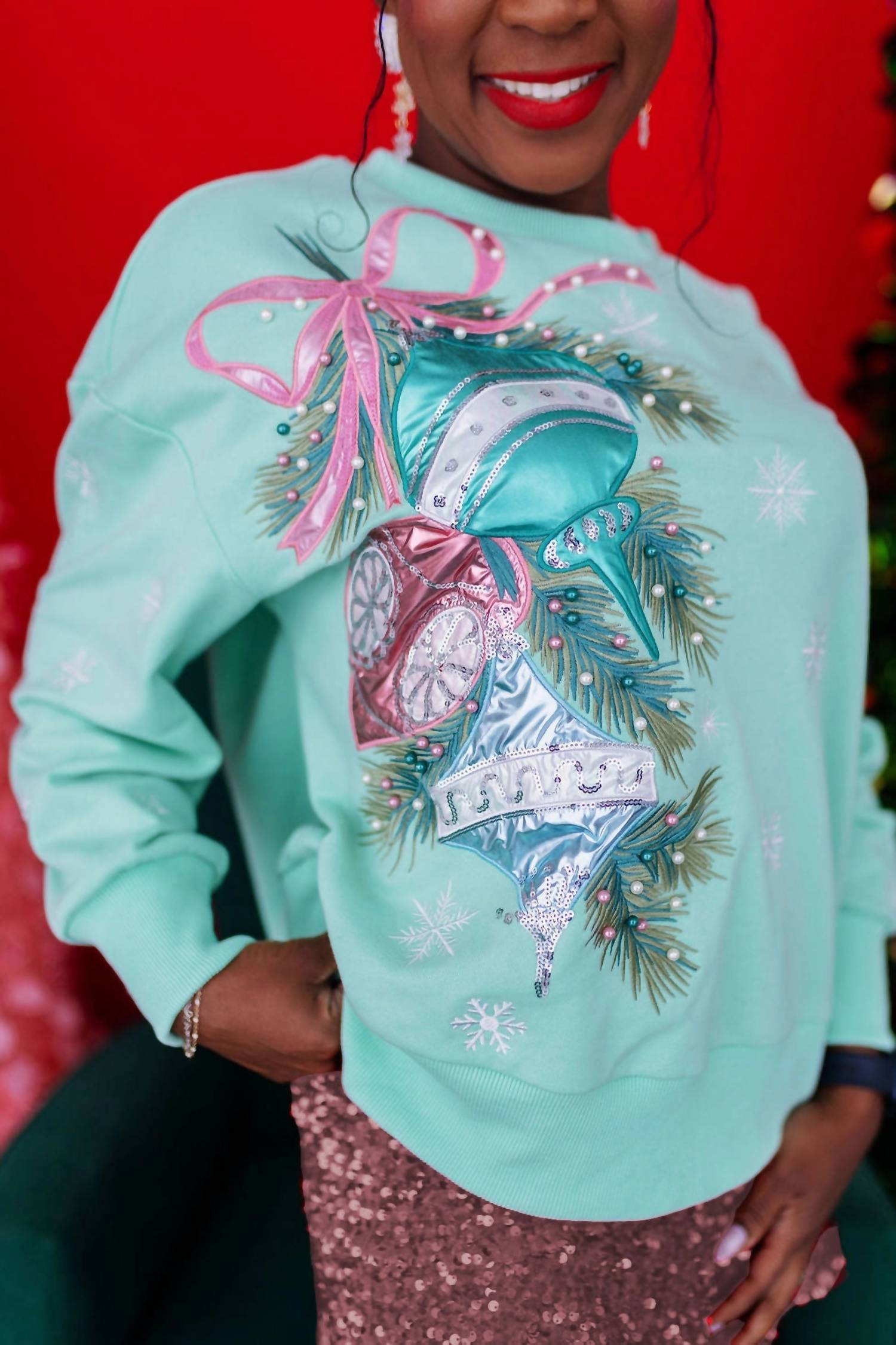 Brianna Cannon Vintage Ornaments Sweatshirt in mint green - women's top - detail view