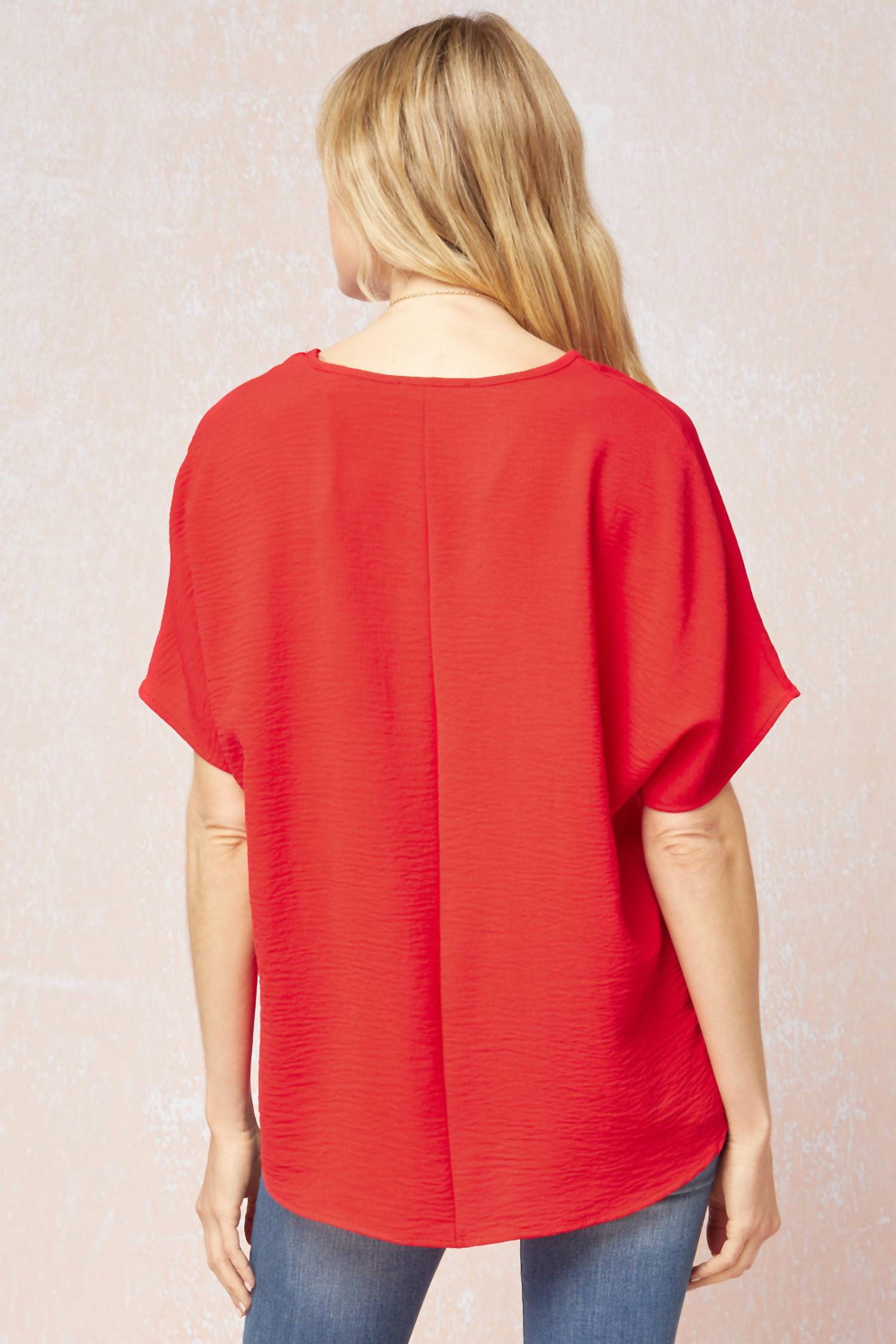 entro Solid V-neck Top in red - women's t-shirt - detail view