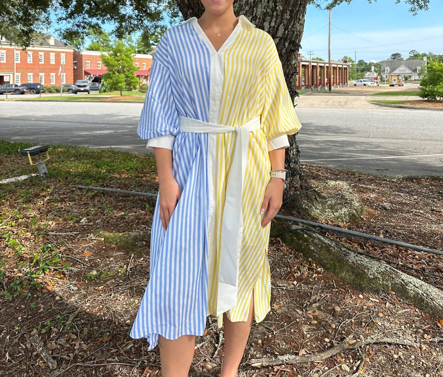 English Factory - Blouson Sleeve Stripe Shirt Midi Dress