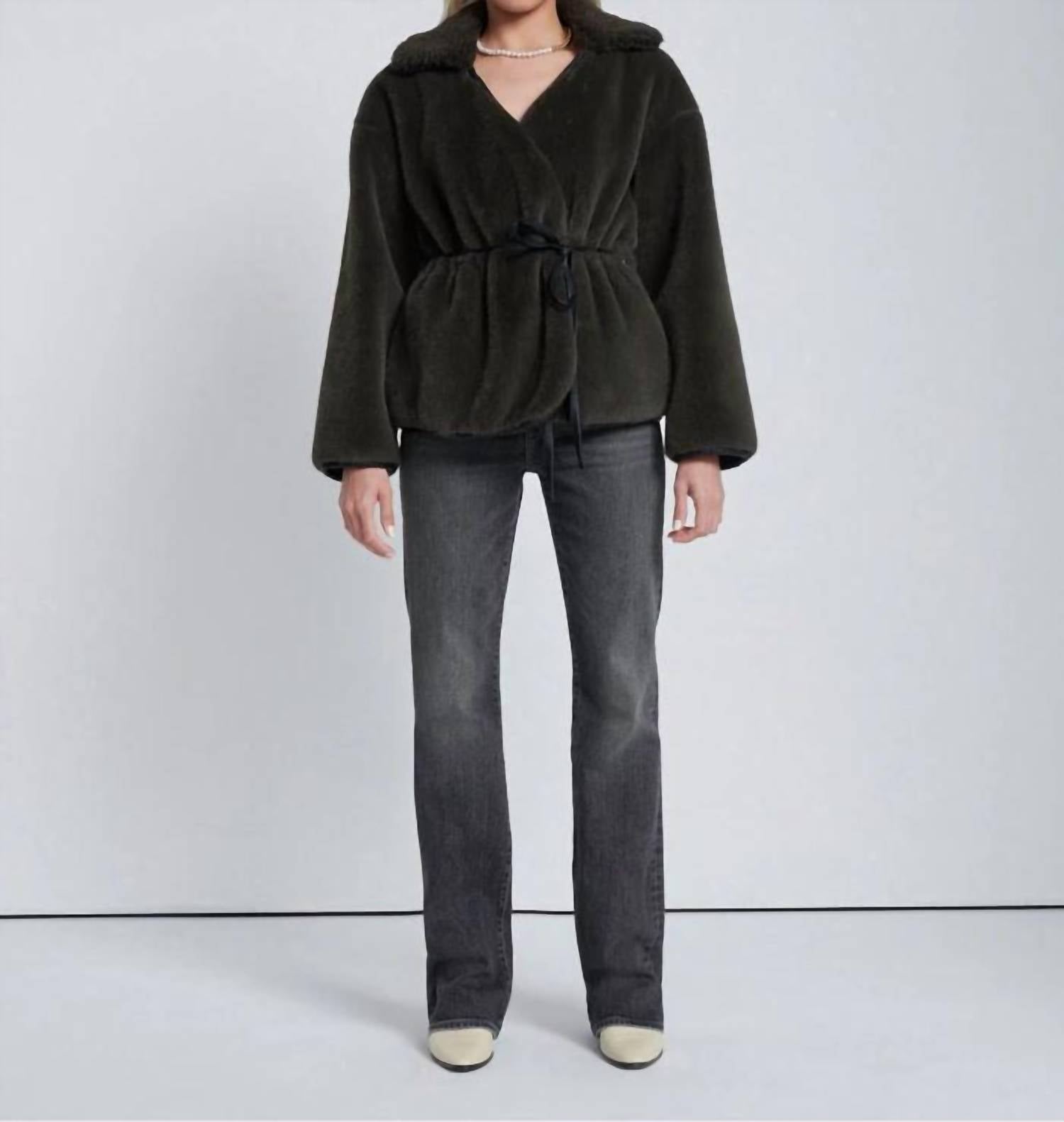 7 For All Mankind Faux Fur Wrap Coat in kangaroo - women's jacket - detail view