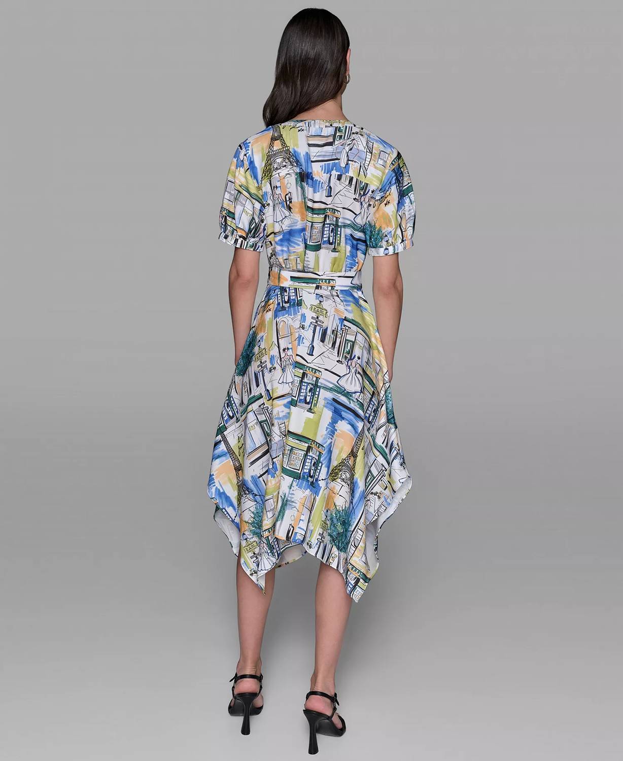 KARL LAGERFELD Printed Paris Scene Be Palace Dress in blue citrus green multi - women's dress - alternate view