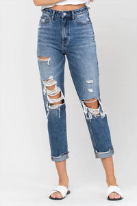 Vervet By Flying Monkey - Emma Distressed Cuffed Mom Jeans