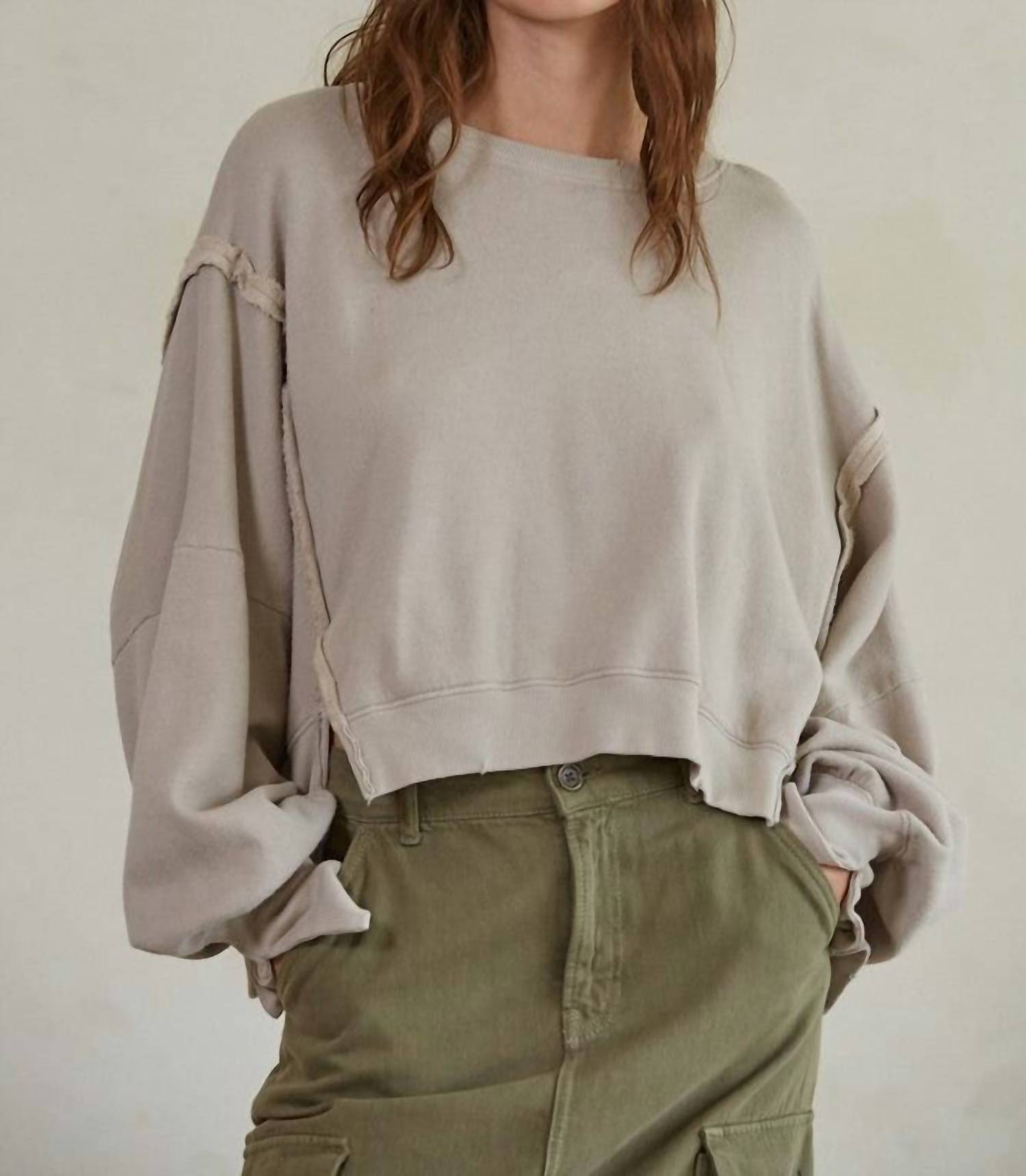 By Together Cropped Sweatshirt With Cuffed Sleeve in light taupe - women's top