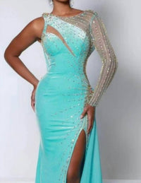 Johnathan Kayne One Shoulder Open Back Evening Gown in sky blue - women's dress - detail view
