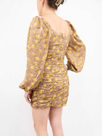 LUSH Ruched Mini Dress in mocha base with golden floral print - women's dress - alternate view