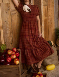 Blu Pepper - Plaid Short Puff Sleeve Smocked Midi Dress