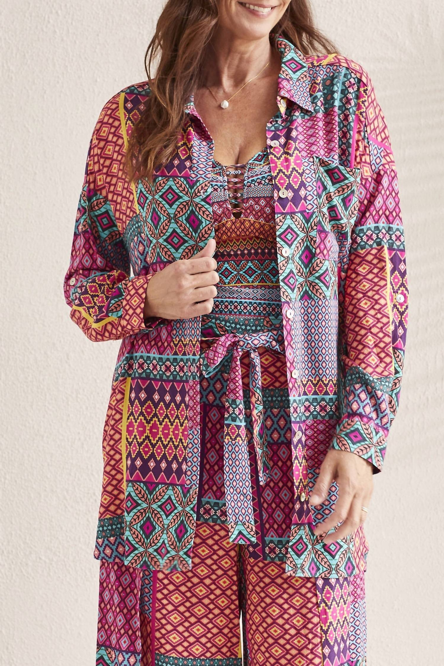 Tribal - Roll Up Long Sleeve Cover Up Shirt