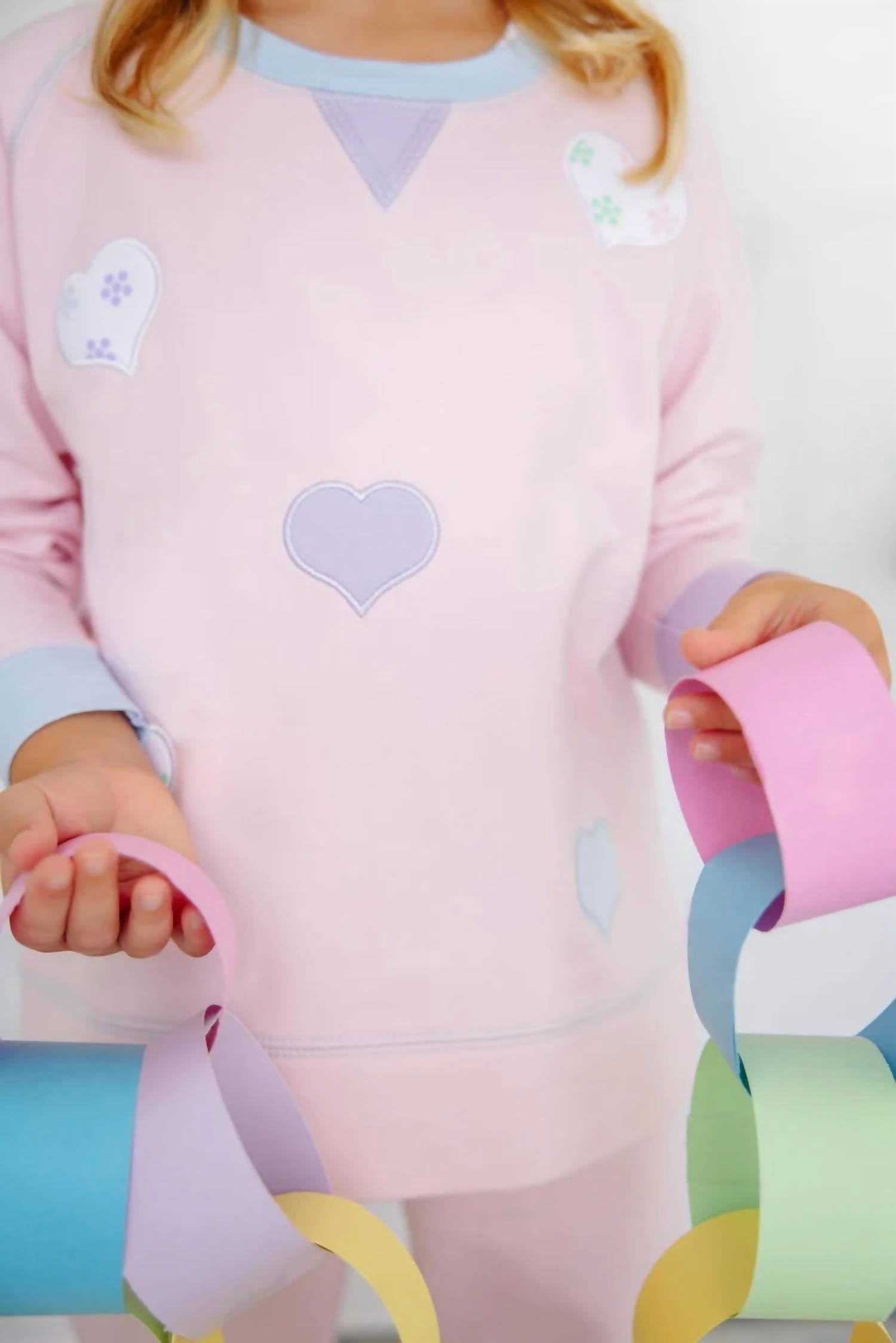 The Beaufort Bonnet Company Kid's Heart Cassidy Comfy Crewneck Sweater in pink - kids' sweater - alternate view