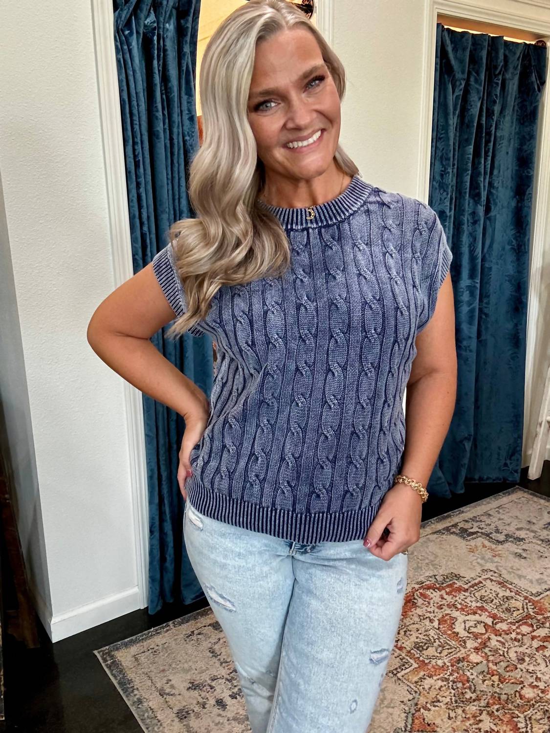 ee:some Mineral wash Cable knit Sweater in blue - women's sweater - alternate view