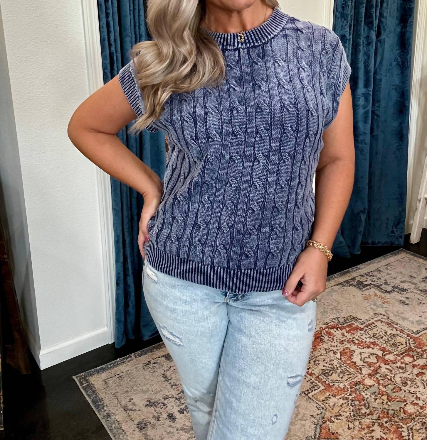 ee:some Mineral wash Cable knit Sweater in blue - women's sweater - detail view