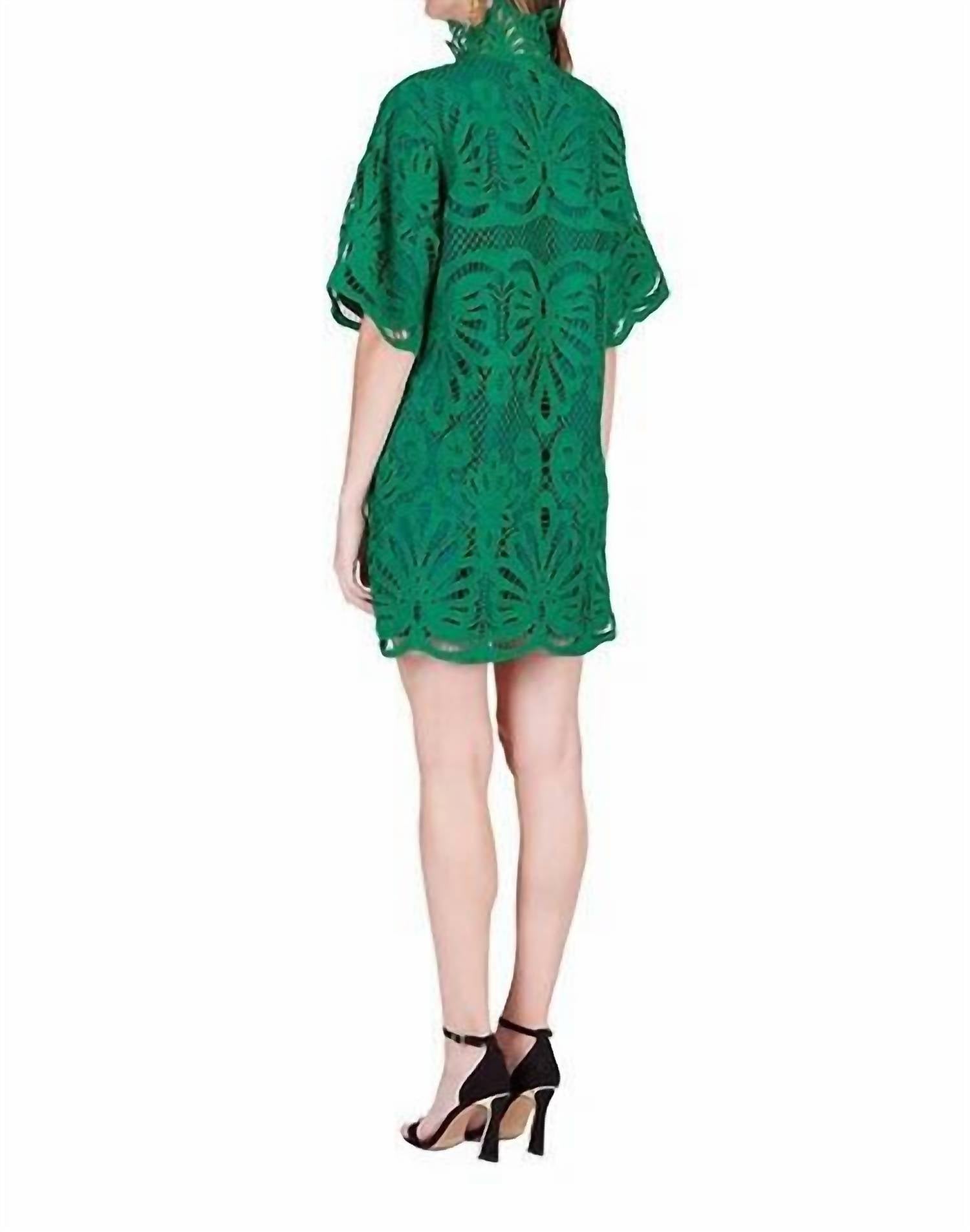 Jade High Neck Tunic Dress in green lace - women's dress - detail view