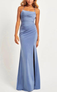 Faviana - Matte Satin Maxi Dress With Gathered Side And Lace-Up Back