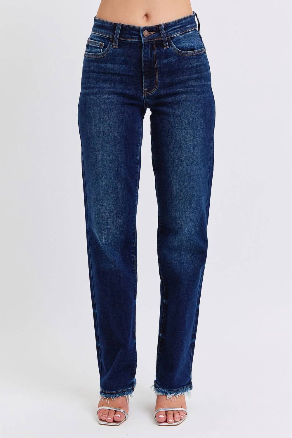 Judy Blue - Selena Mid Rise Straight Leg Jeans With Fray Hem