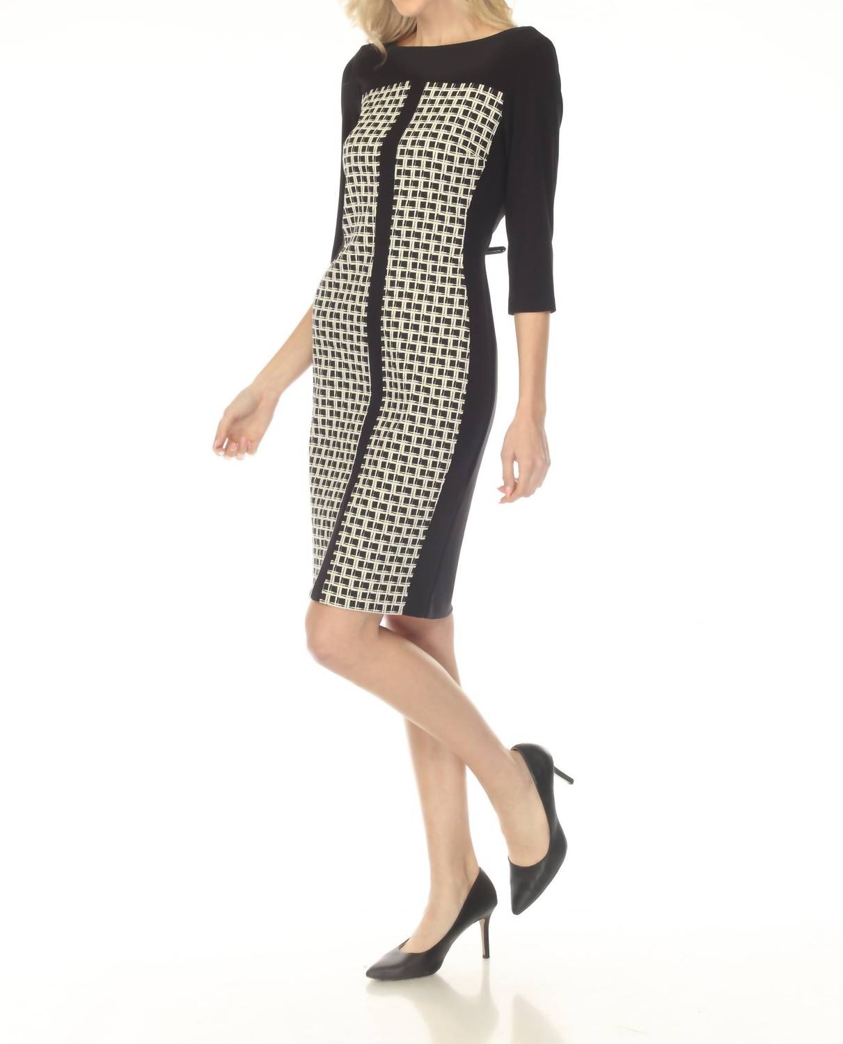 Joseph Ribkoff Geometric Jacquard Sheath Mini Dress in black off white - women's dress - detail view