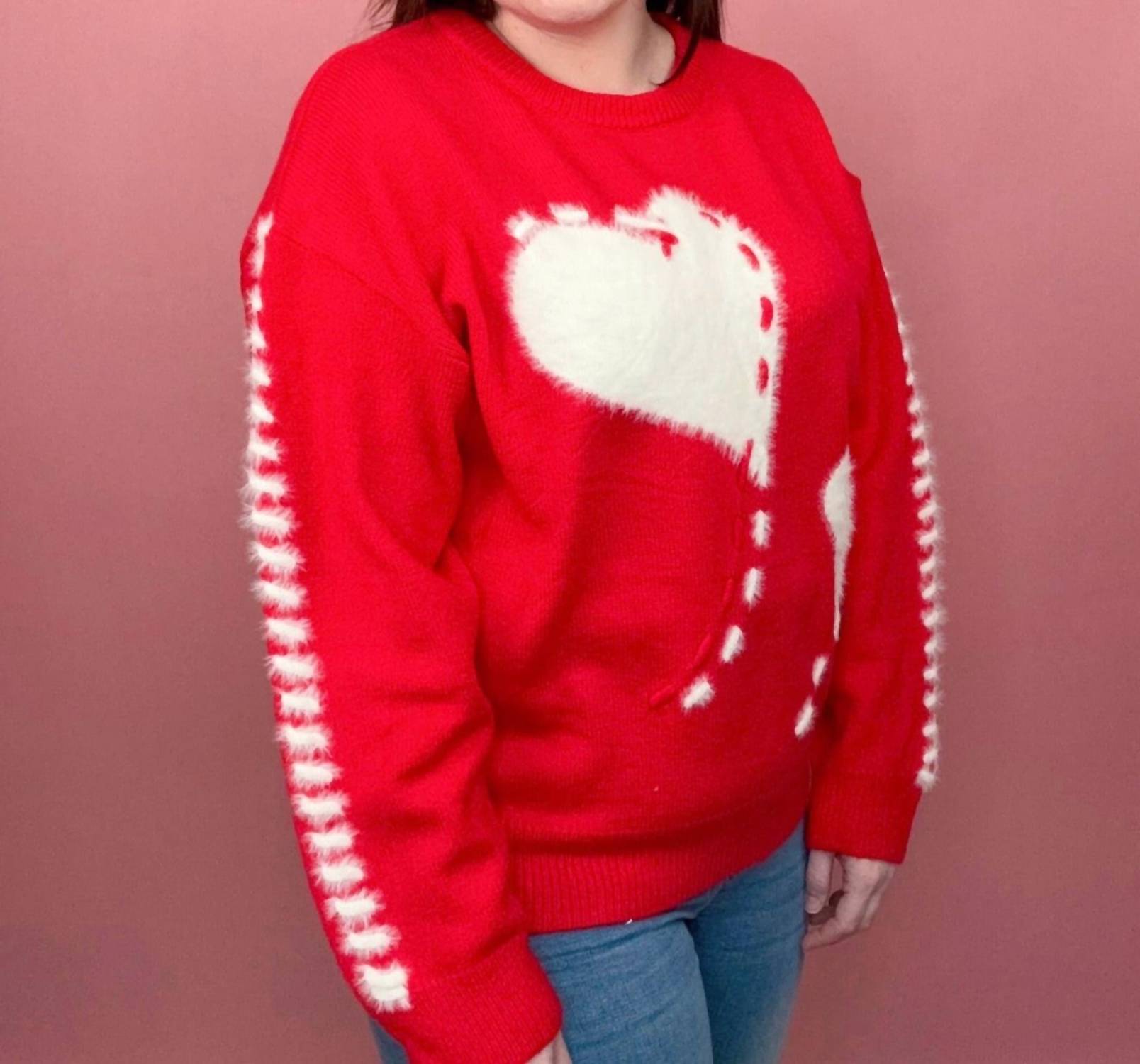 &Merci - Women's Fuzzy Hearts Sweater