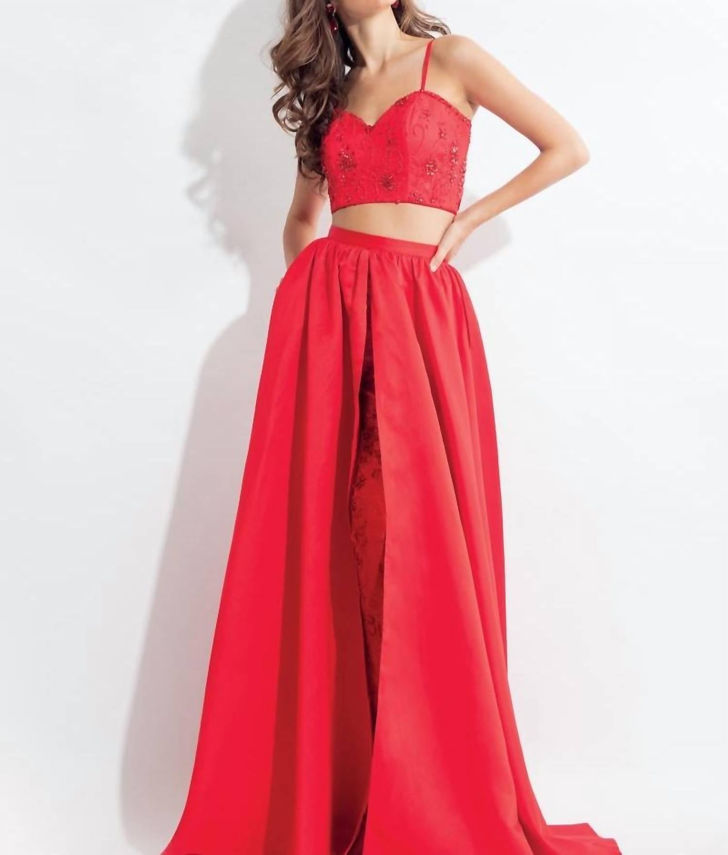Rachel Allan - Lace Embroidered Ensemble With Matte Satin Overskirt