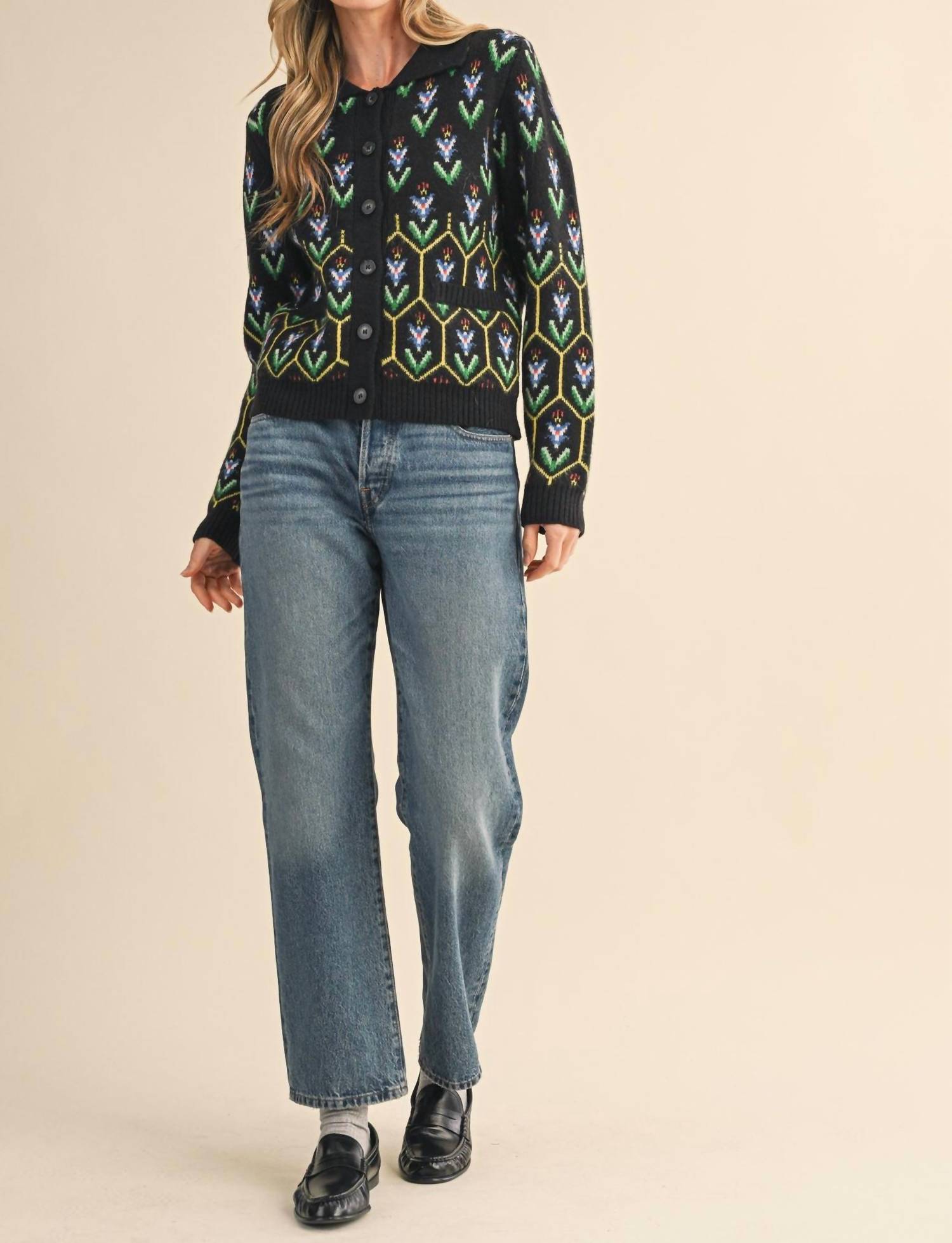 &Merci - Floral Knit Collared Sweater Cardigan