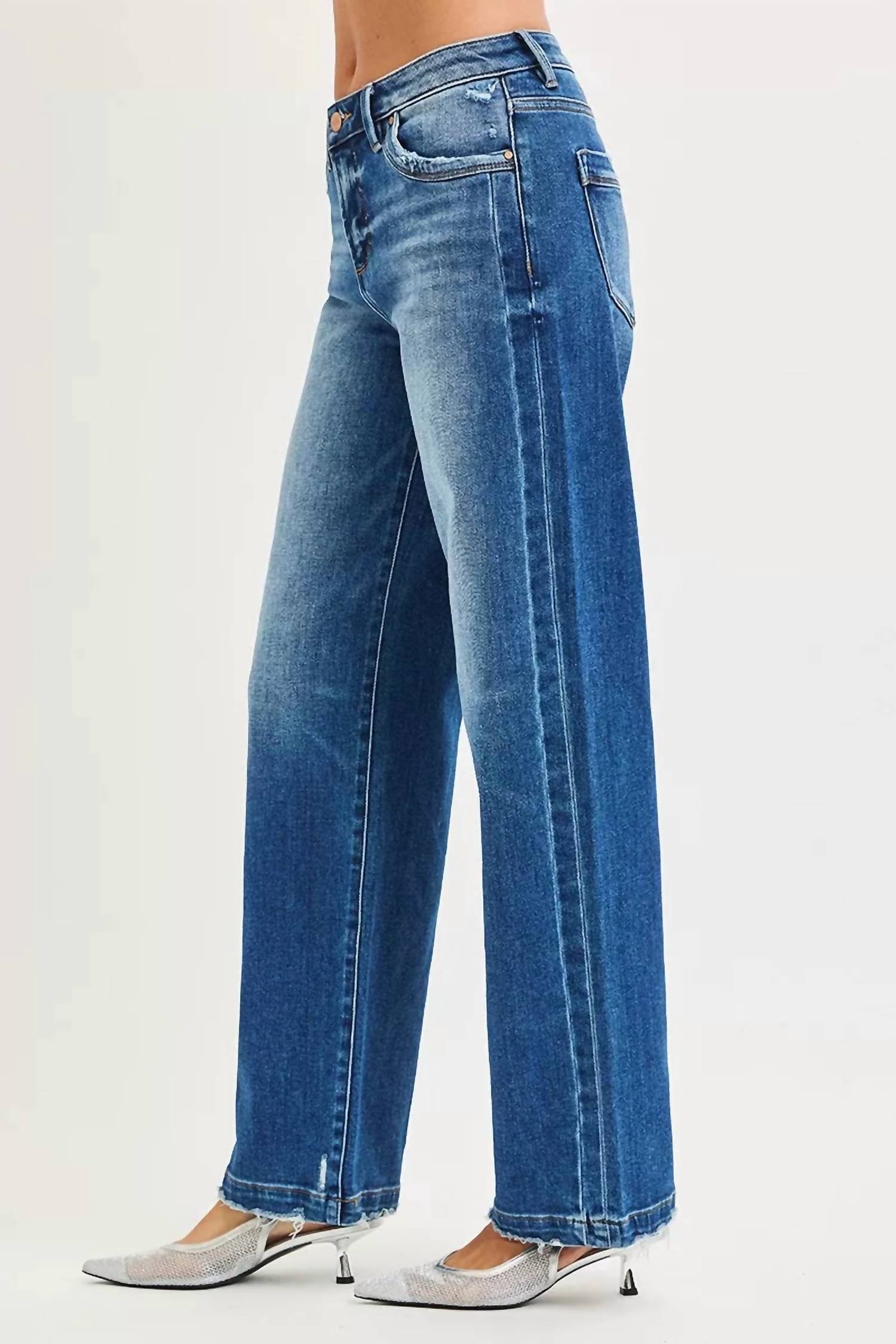 RISEN Slouchy Baggy Pocket Side Seam Detail Jeans in dark wash - women's jeans - detail view