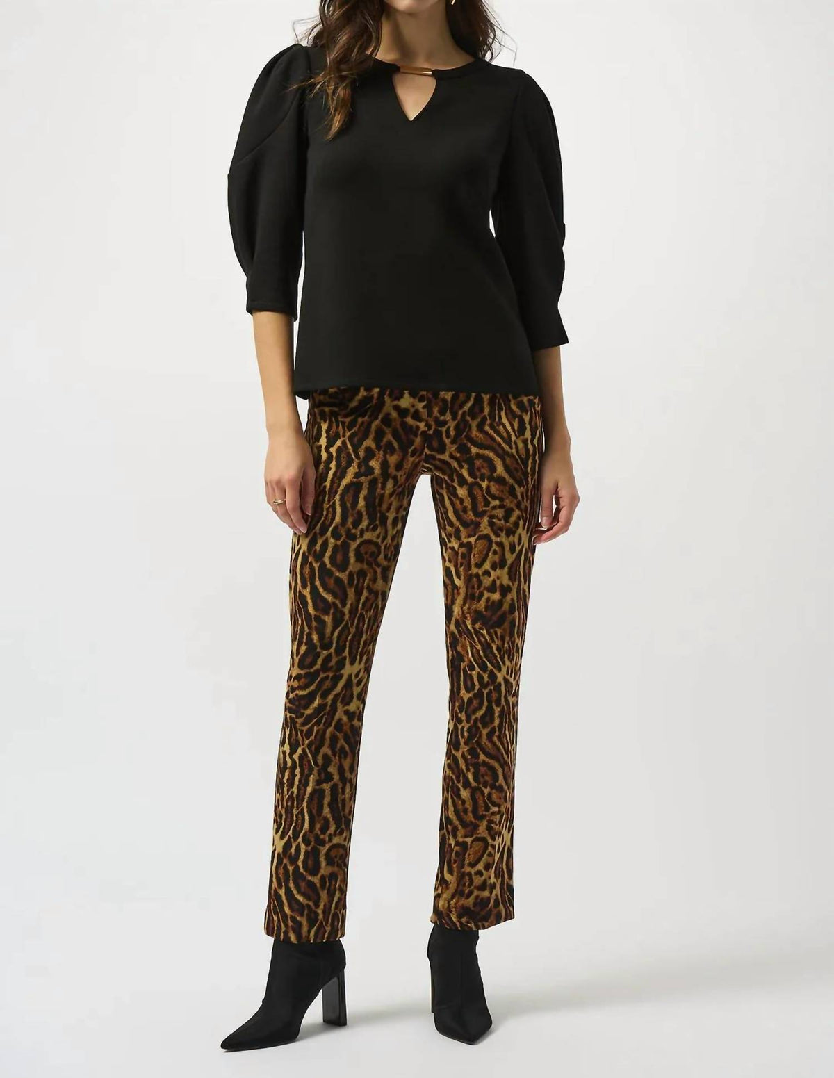 Joseph Ribkoff - Keyhole Neckline Three Quarter Puffed Sleeves Top