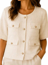 She + Sky - Half Sleeve Collar-less Woven Tweed Jacket