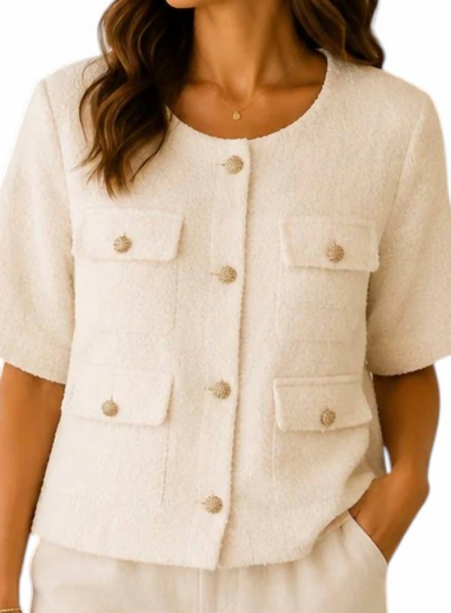 She + Sky - Half Sleeve Collar-less Woven Tweed Jacket