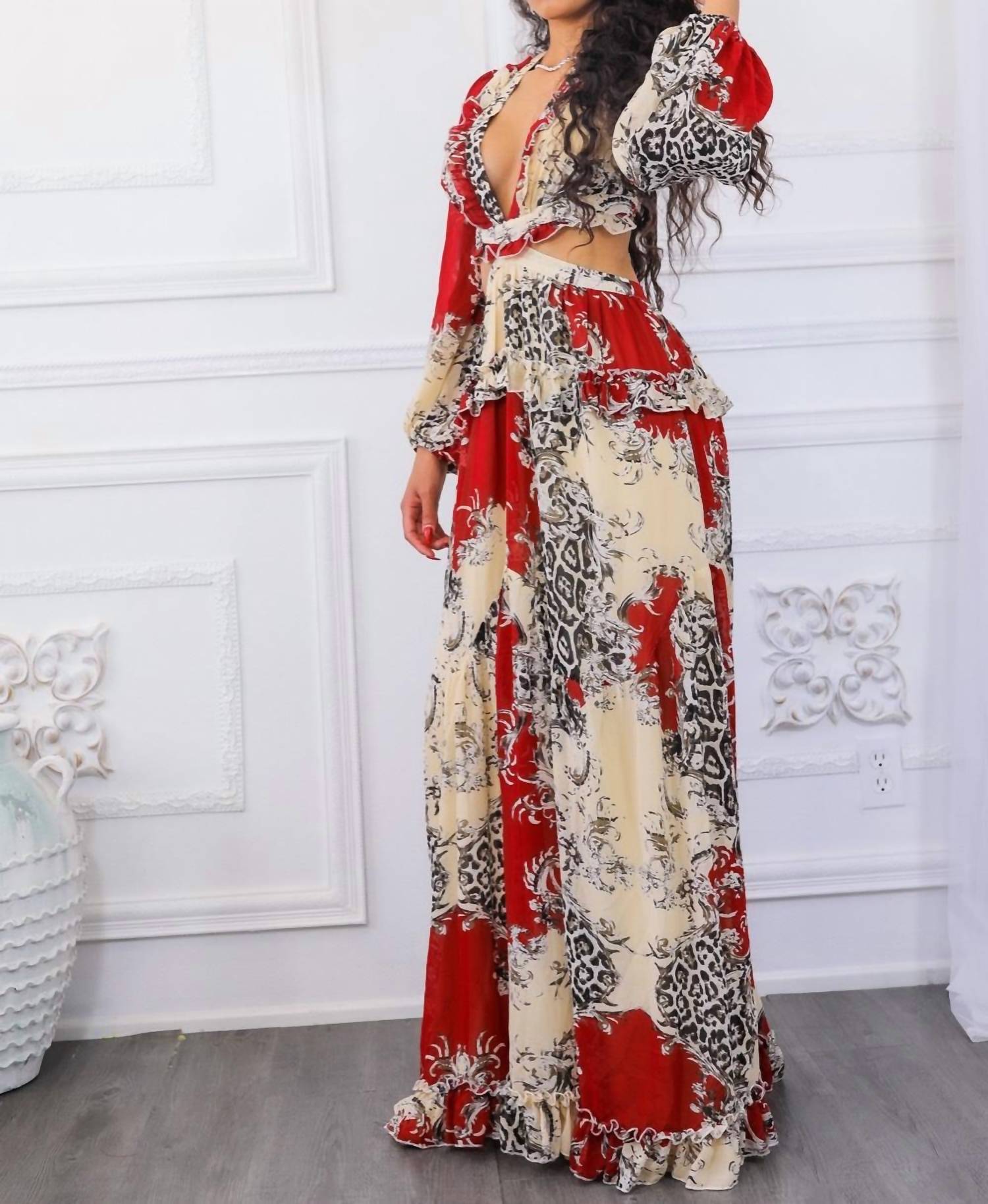Surelymine - Fantasy Ruffles Cut Out Laced Back Maxi Dress
