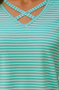 E. Luna Criss Cross Neckline T Shirt in turquoise and white stripe - women's t-shirt - detail view
