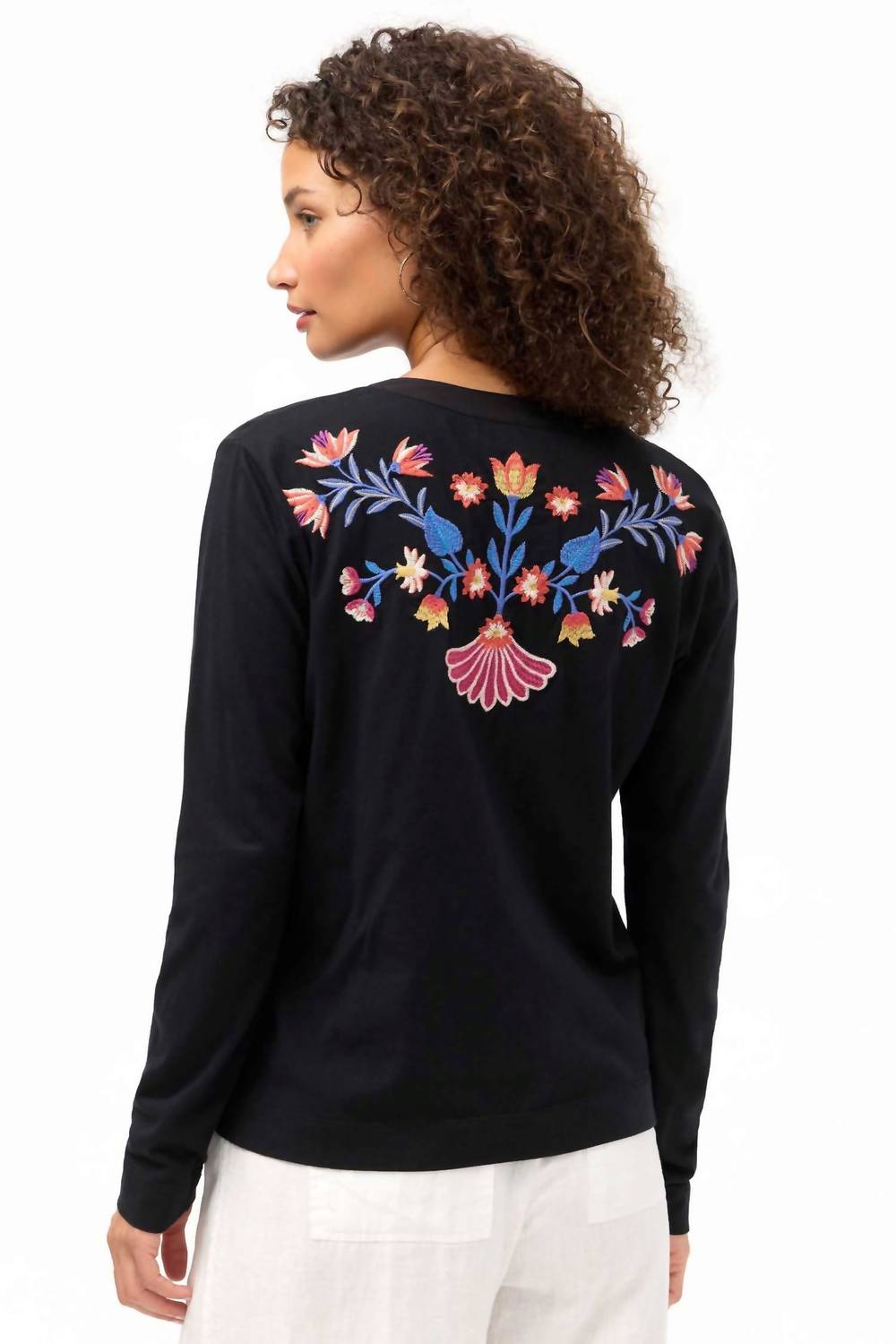 Johnny Was MIXED MEDIA HENLEY T-SHIRT in black - women's long sleeve top - alternate view