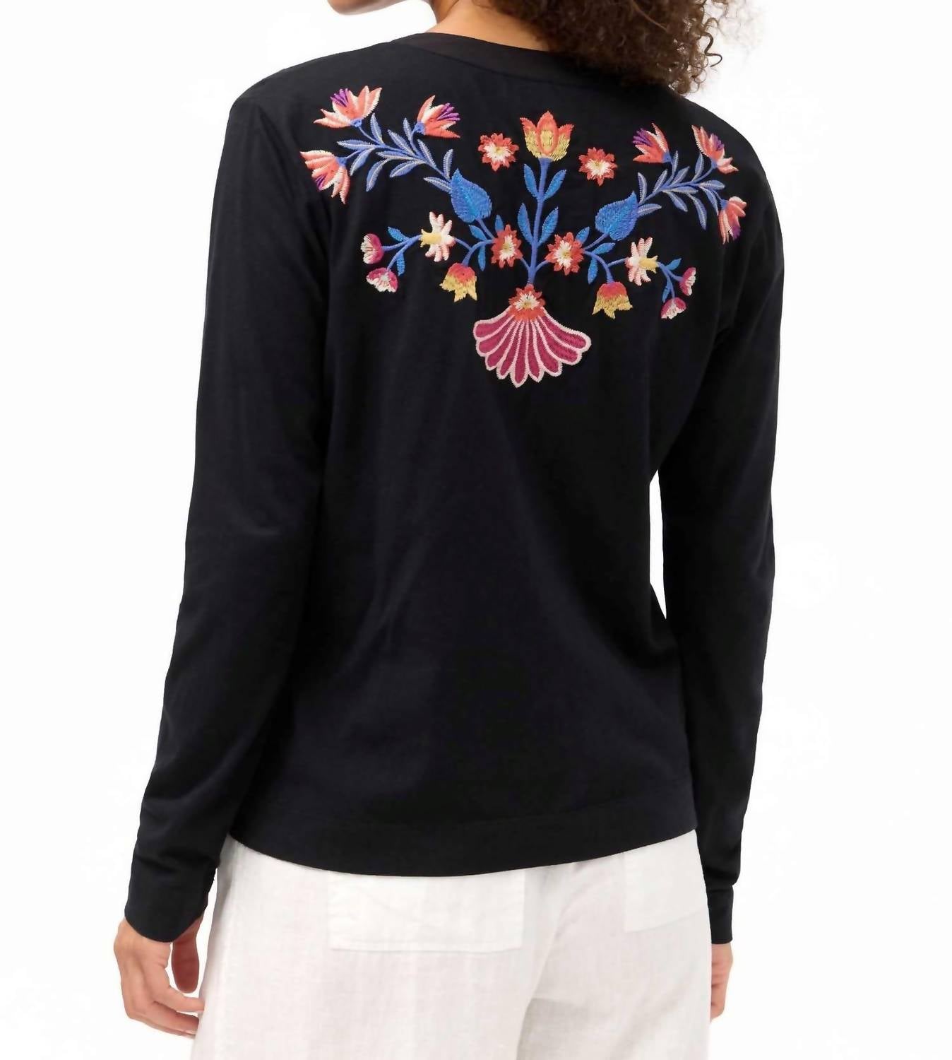Johnny Was MIXED MEDIA HENLEY T-SHIRT in black - women's long sleeve top - detail view
