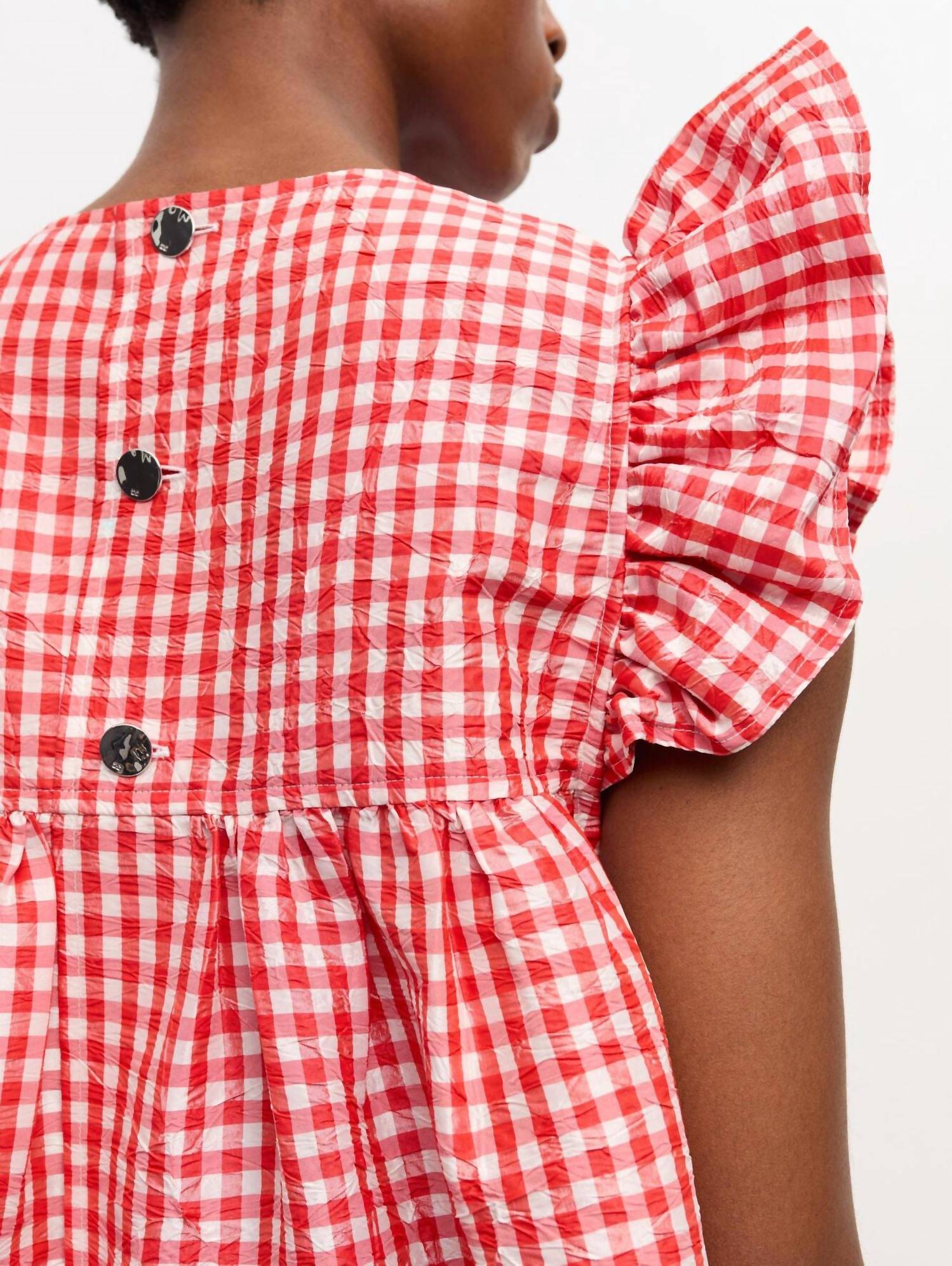 Ganni - Crinkled Taffeta Check Frill Mini Dress