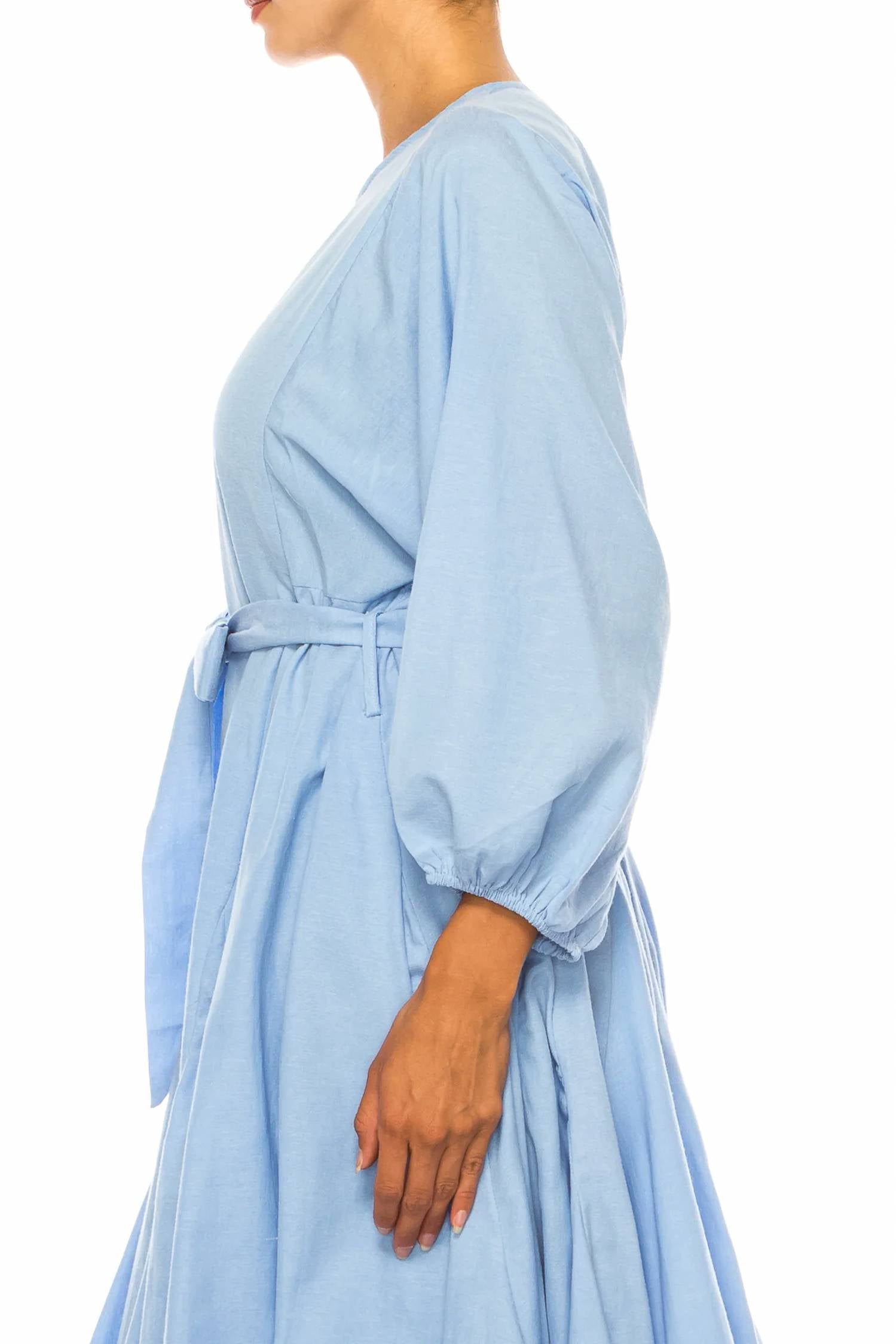 Vivid - Long Sleeve Belted Godet Skirt Flared Dress