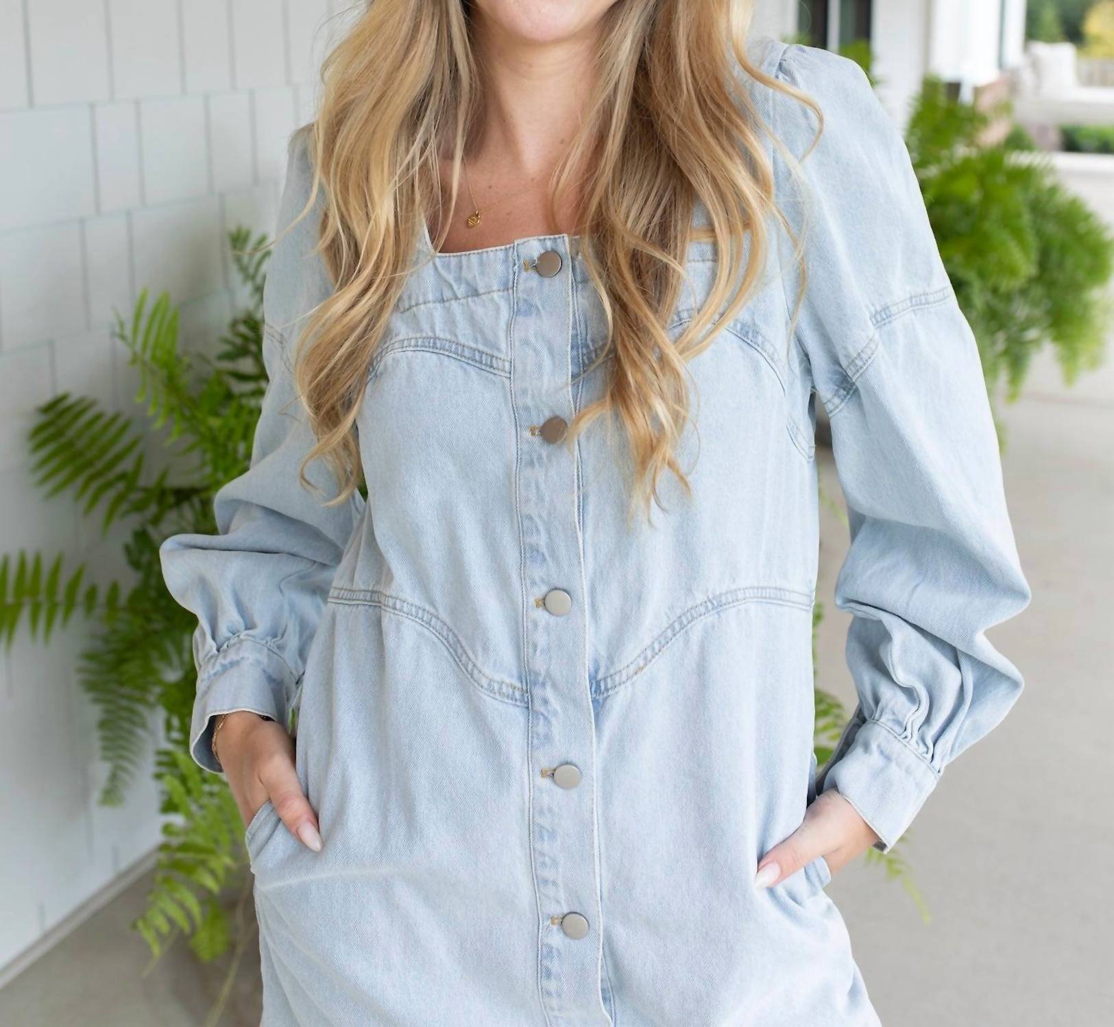BiBi Welcome To Nashville Denim Mini Dress in blue - women's dress - detail view