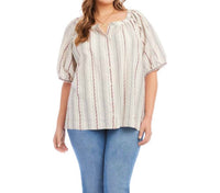 Karen Kane - Stripe Puff Sleeve Embroidered Peasant Top - Plus
